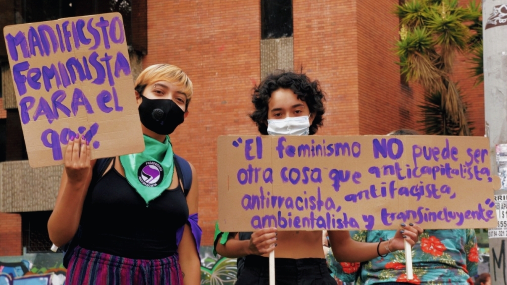 Dos mujeres feministas, cada una con un cartel. Uno dice "Manifiesto feminista para el 99%." El otro dice "El feminismo NO puede ser otra cosa que anticapitalista, antirracista, antifascista, ambientalista y transincluyente."